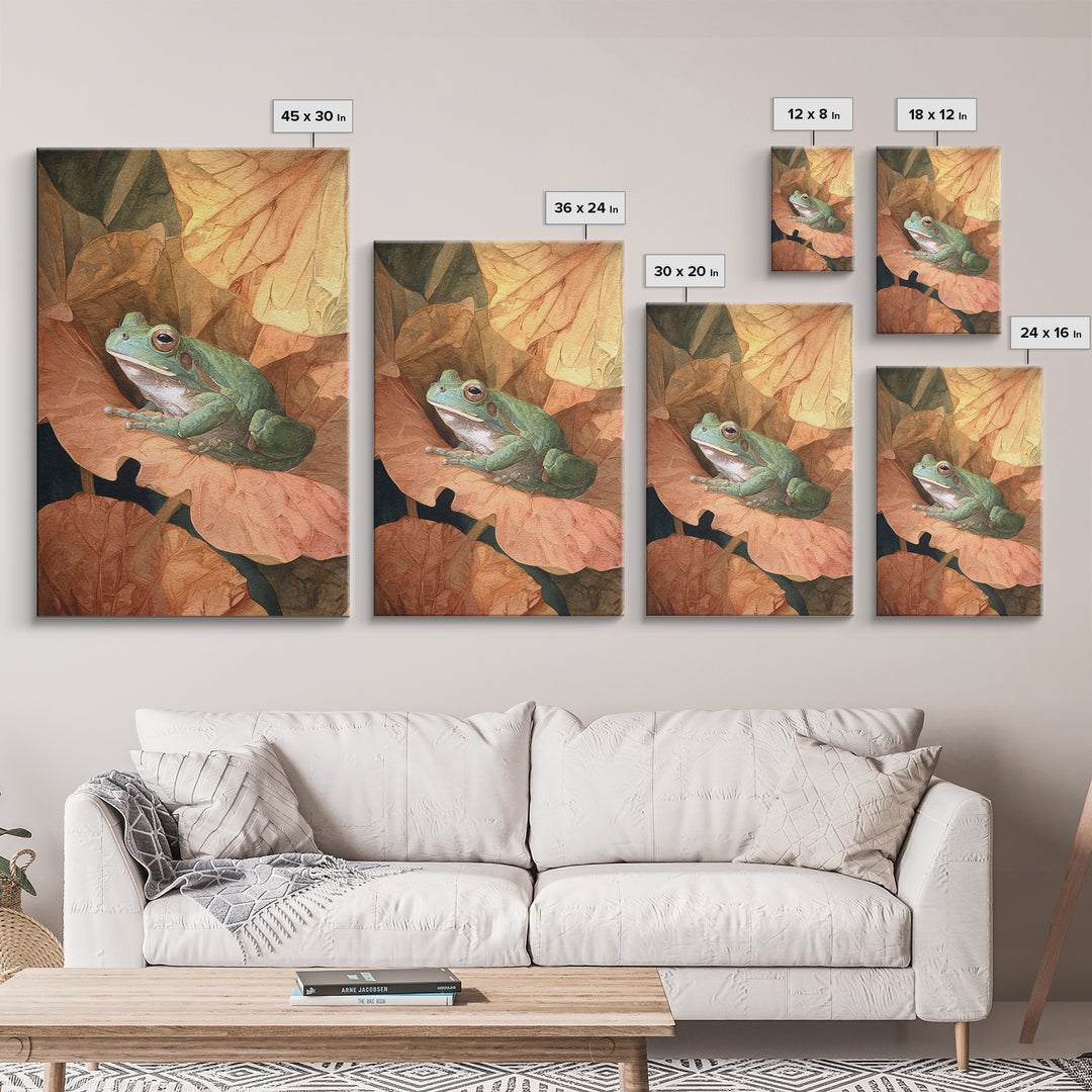Frog on a Lotus Leaf Framed Canvas Print, Animal Art, Nursery Wall Art, Living Room Decor, Fine Art, Creature, Trendy Wall Art, ANI-2x3-76