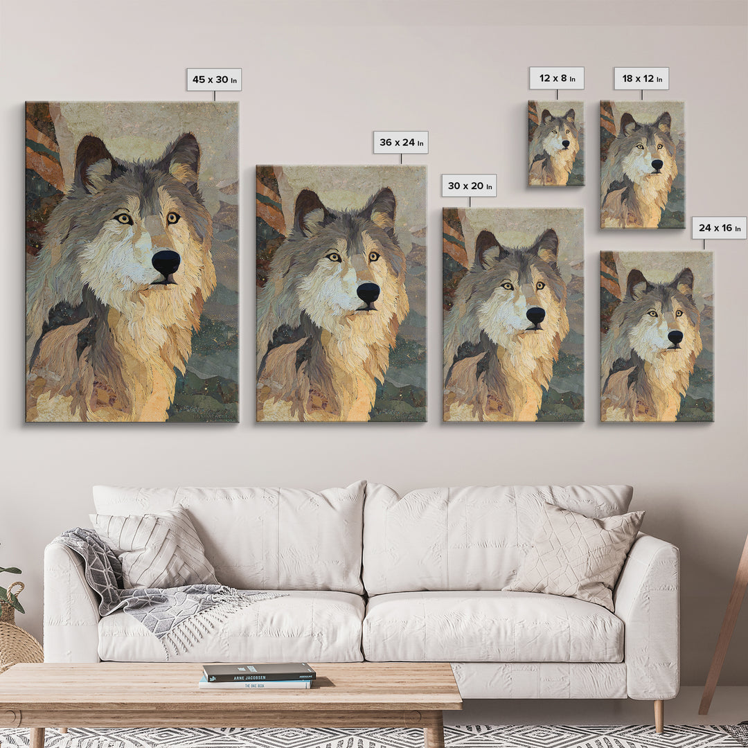 Wolf Silhouette Beneath a Star Filled Sky Framed Canvas Print, Animal Art, Decor, Living Room Decor, Fine Art, Creature, ANI-2x3-78