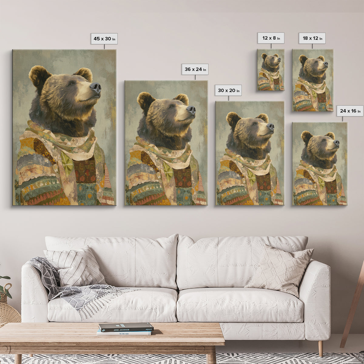 Whimsical Bear in a Patterned Sweater with Canvas Print, Animal Art, Digital Prints, Living Room Decor, Fine Art, Creature, ANI-2x3-82