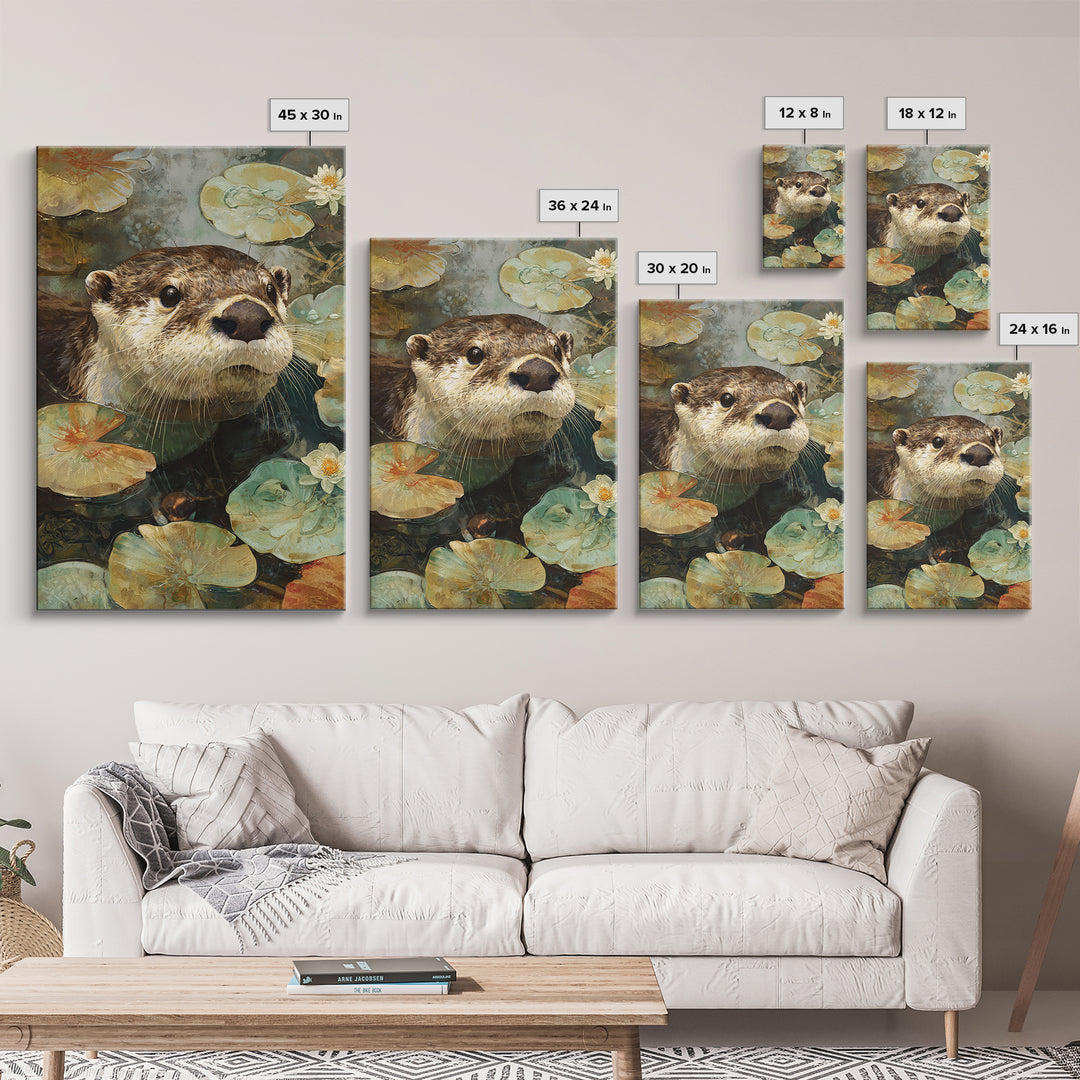 Playful Otter Floating Among Lily Pads Framed Canvas Print, Animal Art, Digital Art, Living Room Decor, Fine Art, Creature, ANI-2x3-88