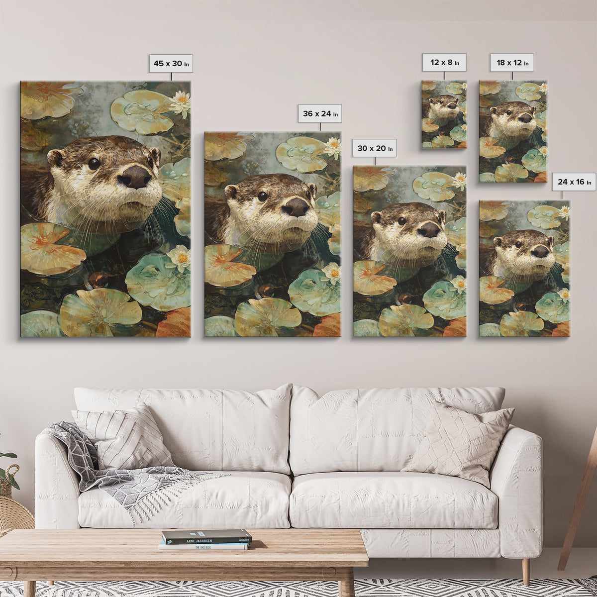 Playful Otter Floating Among Lily Pads Framed Canvas Print, Animal Art, Digital Art, Living Room Decor, Fine Art, Creature, ANI-2x3-88