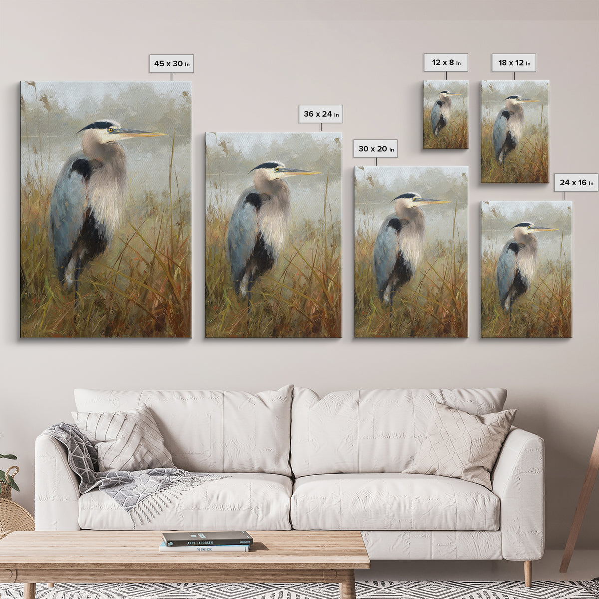 Blue Heron Standing Canvas Print, Animal Art, Digital Print, Living Room Decor, Fine Art, Creature, Colorful Wall Art, ANI-2x3-91