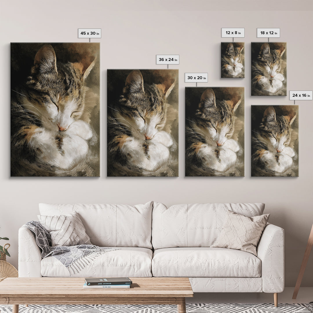 Sleeping Cat Curled Framed Canvas Print, Animal Art, Gallery Decor, Living Room Decor, Abstract Art, Creature, Contemporary Art, ANI-2x3-92