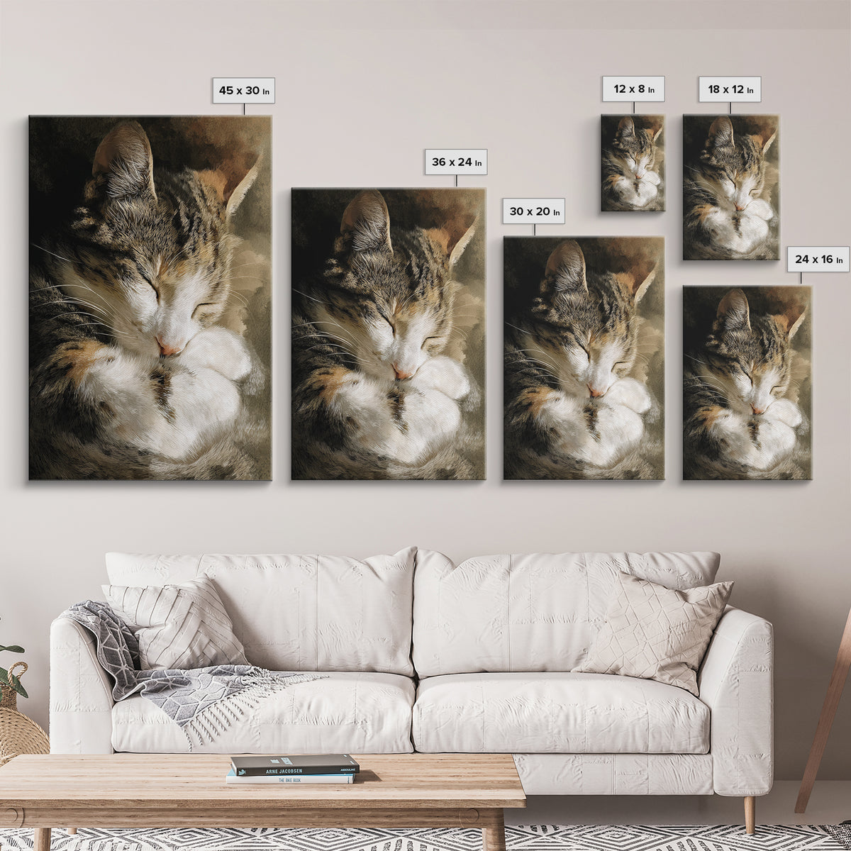 Sleeping Cat Curled Framed Canvas Print, Animal Art, Gallery Decor, Living Room Decor, Abstract Art, Creature, Contemporary Art, ANI-2x3-92