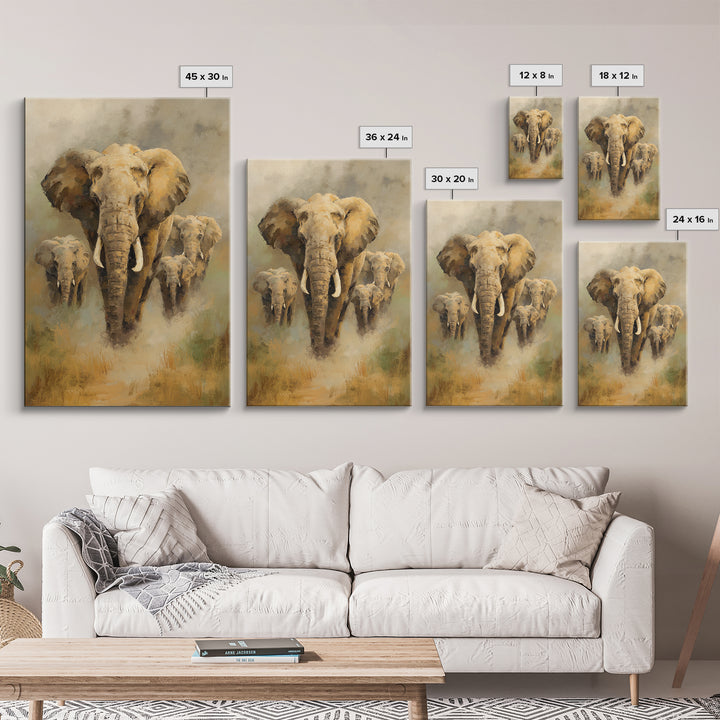 Elephant Family Walking Through Dusty Golden Light Framed Canvas Print, Animal Art, Printable, Living Room Decor, Creature, ANI-2x3-94