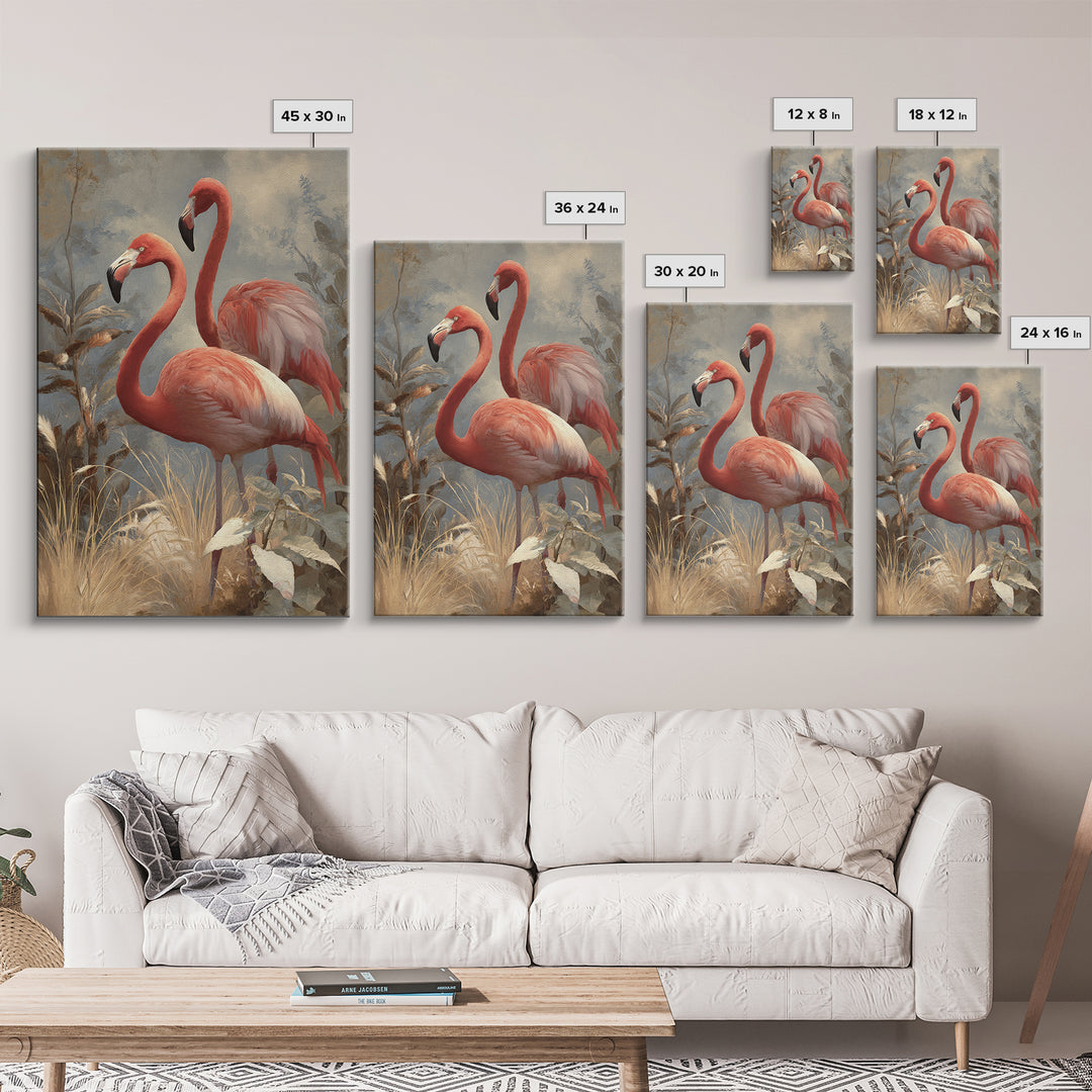 Flamingo Pair in Elegant Coral and Cream Canvas Print, Animal Art, Nursery Decor, Living Room Decor, Fine Art, Creature, ANI-2x3-99