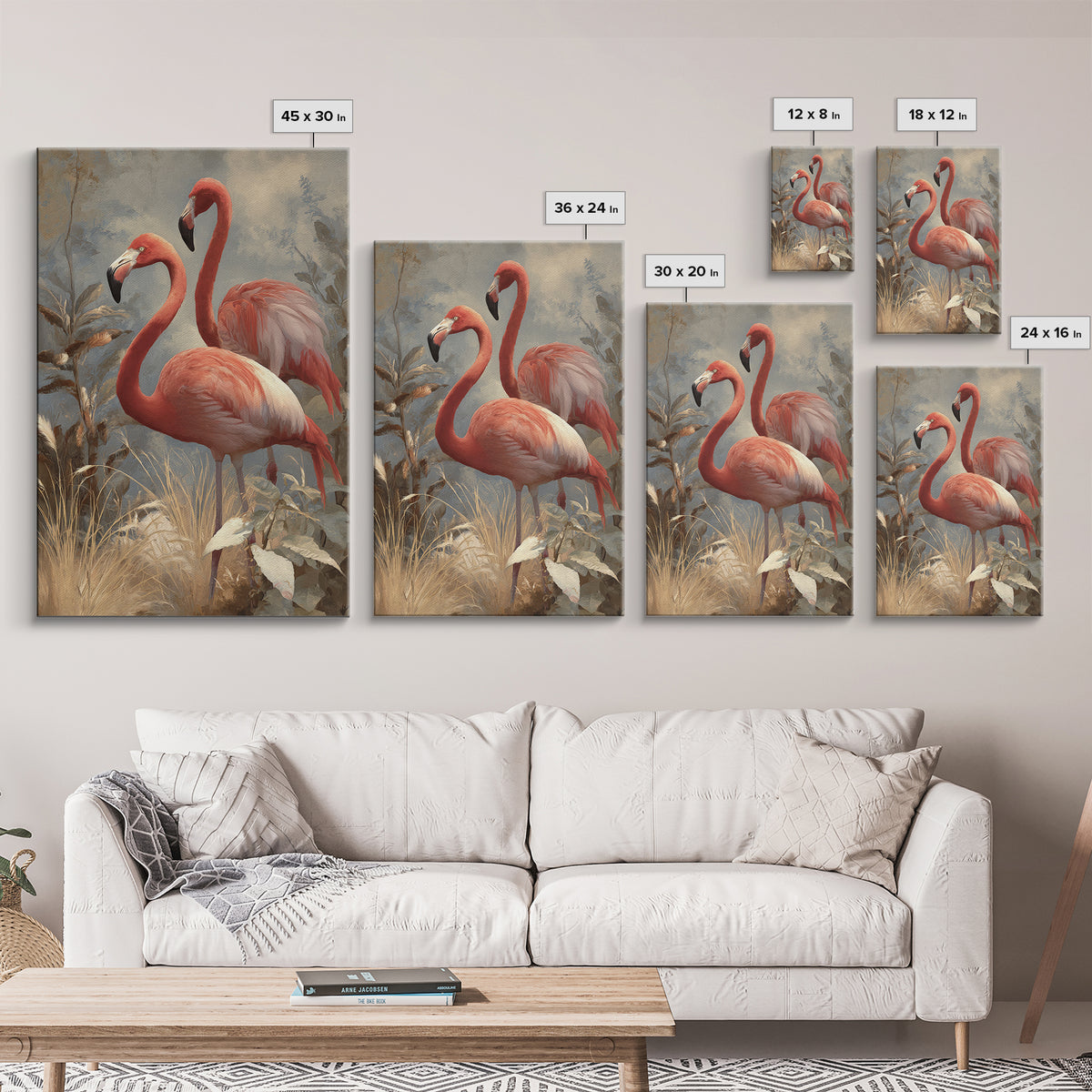 Flamingo Pair in Elegant Coral and Cream Canvas Print, Animal Art, Nursery Decor, Living Room Decor, Fine Art, Creature, ANI-2x3-99