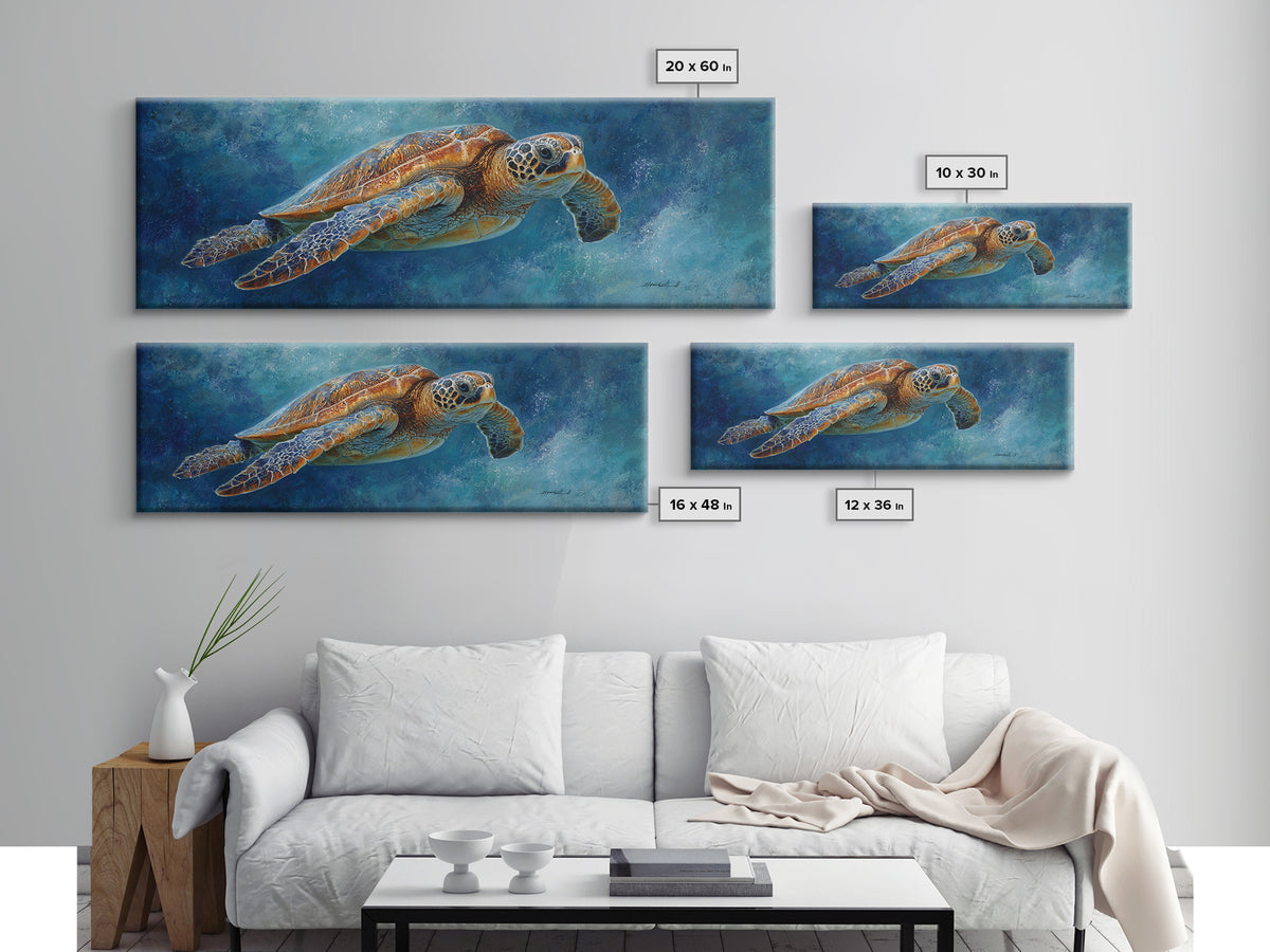 Sea Turtle Drifting Through Luminous Blue Water Framed Canvas Print, Animal Art, Home Decor, Living Room Decor, Creature, ANI-3x1-10