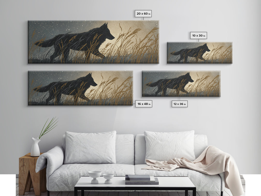 Wolf Silhouette Beneath a Star Filled Sky Canvas Print, Animal Art, Colorful Wall Art, Living Room Decor, Fine Art, Creature, ANI-3x1-14