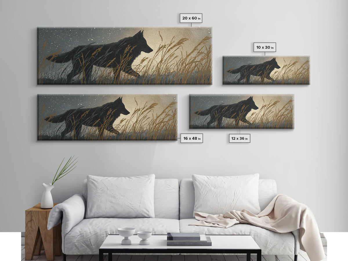 Wolf Silhouette Beneath a Star Filled Sky Canvas Print, Animal Art, Colorful Wall Art, Living Room Decor, Fine Art, Creature, ANI-3x1-14