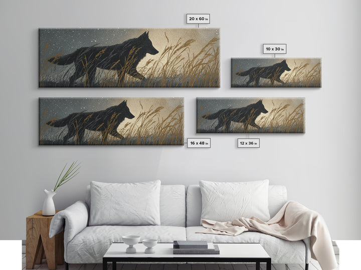 Wolf Silhouette Beneath a Star Filled Sky Canvas Print, Animal Art, Colorful Wall Art, Living Room Decor, Fine Art, Creature, ANI-3x1-14
