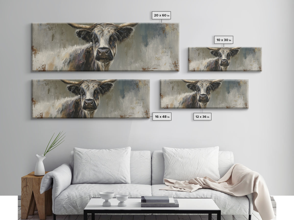 Gentle Cow Portrait Framed Canvas Print, Animal Art, Boho Decor, Living Room Decor, Oil Painting, Creature, Digital Prints, ANI-3x1-23