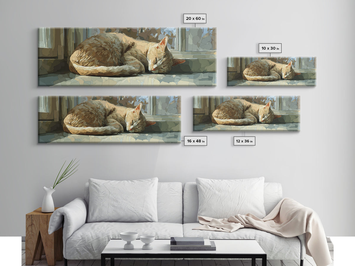 Sleeping Cat Curled Framed Canvas Print, Animal Art, Trendy Wall Art, Living Room Decor, Oil Painting, Creature, ANI-3x1-28