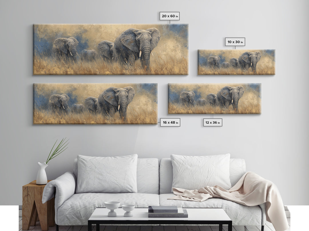 Elephant Family Walking Through Dusty Golden Light Canvas Print, Animal Art, Wall Art, Living Room Decor, Fine Art, Creature, ANI-3x1-30