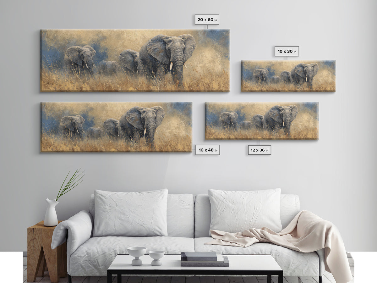 Elephant Family Walking Through Dusty Golden Light Canvas Print, Animal Art, Wall Art, Living Room Decor, Fine Art, Creature, ANI-3x1-30