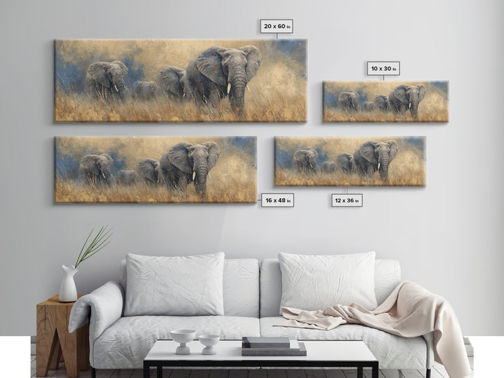 Elephant Family Walking Through Dusty Golden Light Canvas Print, Animal Art, Wall Art, Living Room Decor, Fine Art, Creature, ANI-3x1-30