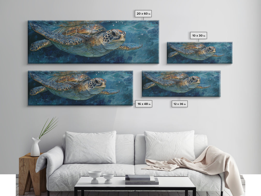 Sea Turtle Drifting Through Luminous Blue Water Canvas Print, Animal Art, Digital Art, Living Room Decor, Abstract Art, ANI-3x1-34