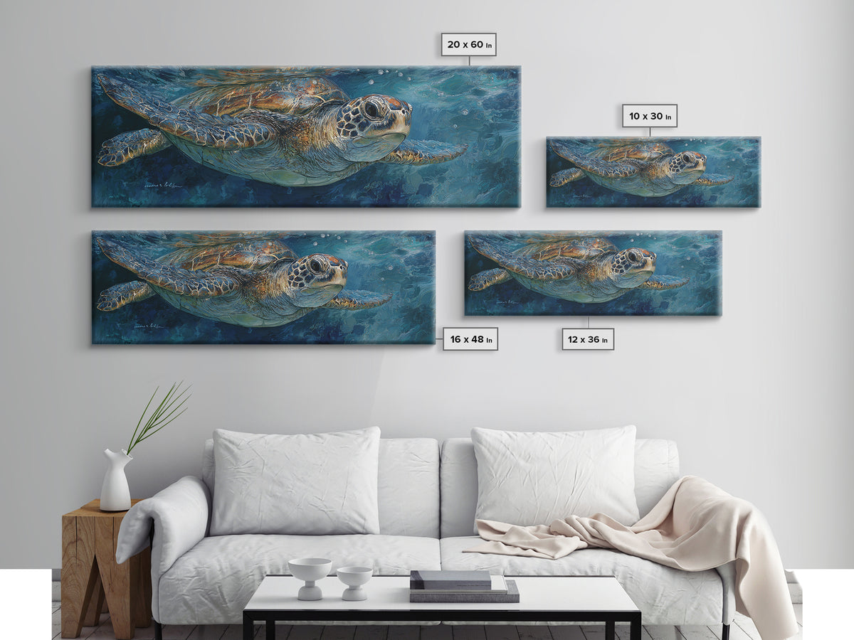 Sea Turtle Drifting Through Luminous Blue Water Canvas Print, Animal Art, Digital Art, Living Room Decor, Abstract Art, ANI-3x1-34