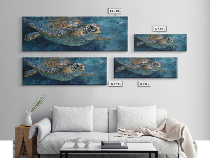 Sea Turtle Drifting Through Luminous Blue Water Canvas Print, Animal Art, Digital Art, Living Room Decor, Abstract Art, ANI-3x1-34