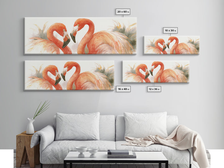 Flamingo Pair in Elegant Coral and Cream Canvas Print, Animal Art, Art Print, Living Room Decor, Creature, Digital Art, ANI-3x1-35