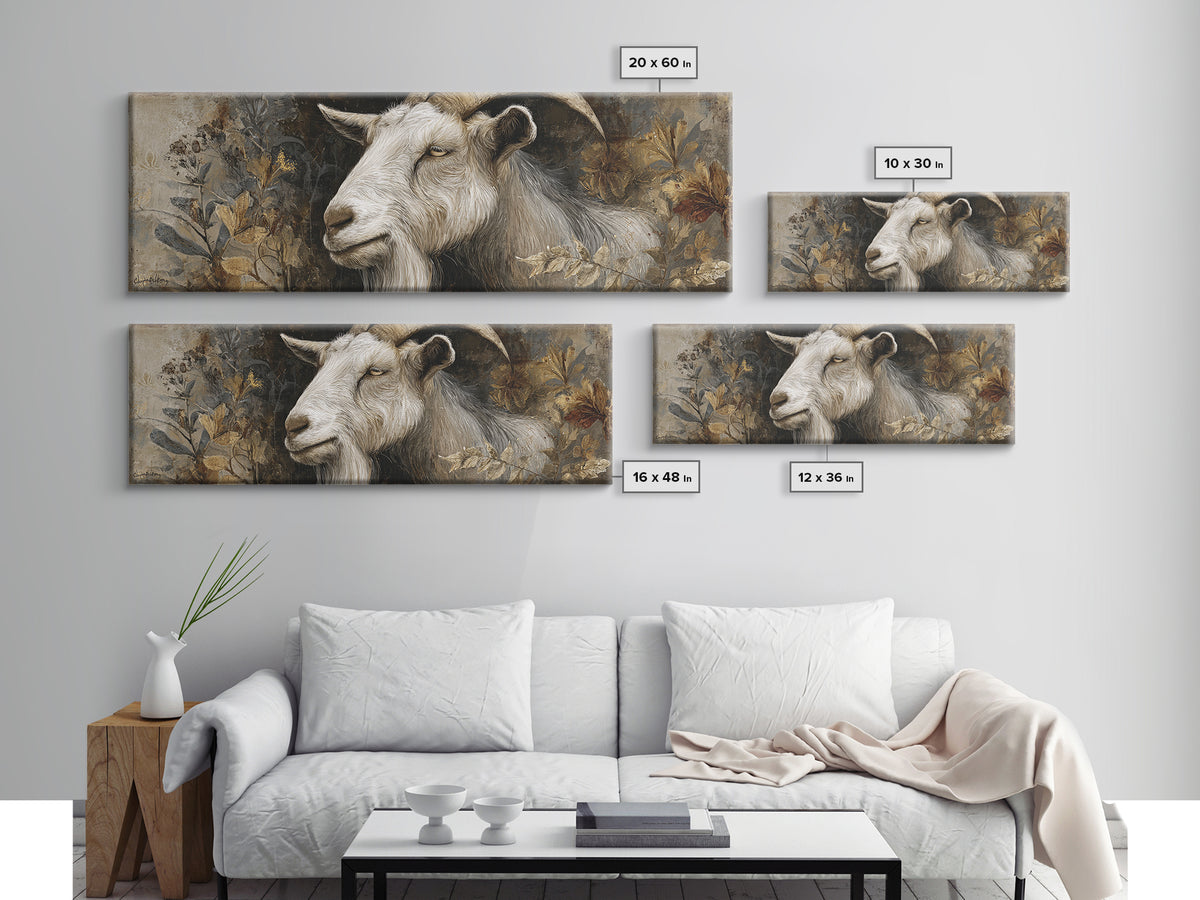 Goat Portrait with Rustic Folk Art Personality Framed Canvas Print, Animal Art, Digital Print, Living Room Decor, Creature, ANI-3x1-37
