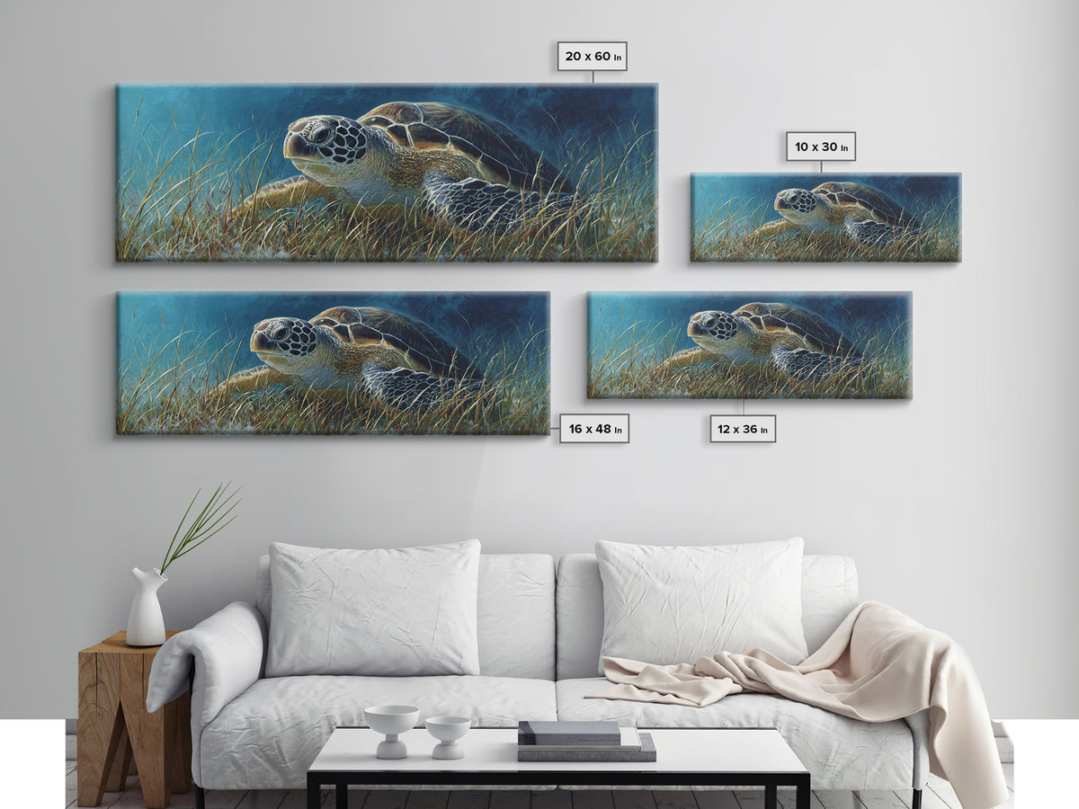 Sea Turtle Drifting Through Luminous Blue Water Framed Canvas Print, Animal Art, Nursery Decor, Living Room Decor, Creature, ANI-3x1-58