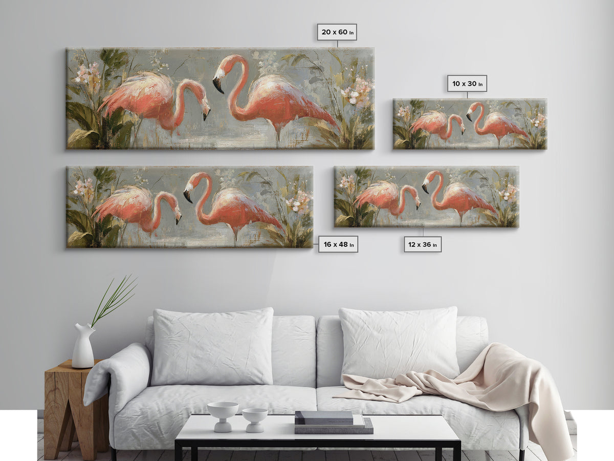 Flamingo Pair in Elegant Coral and Cream Framed Canvas Print, Animal Art, Wall Art, Living Room Decor, Fine Art, Creature, ANI-3x1-59