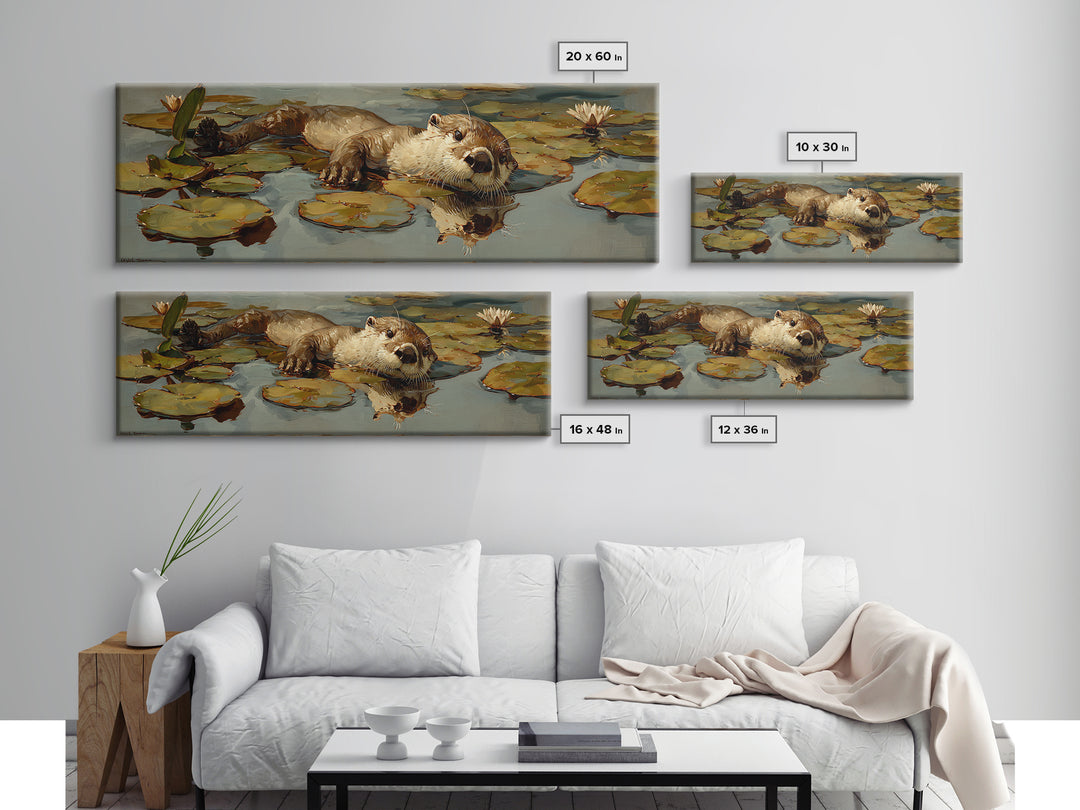 Playful Otter Floating Among Lily Pads Framed Canvas Print, Animal Art, Wall Art, Living Room Decor, Fine Art, Creature, ANI-3x1-72
