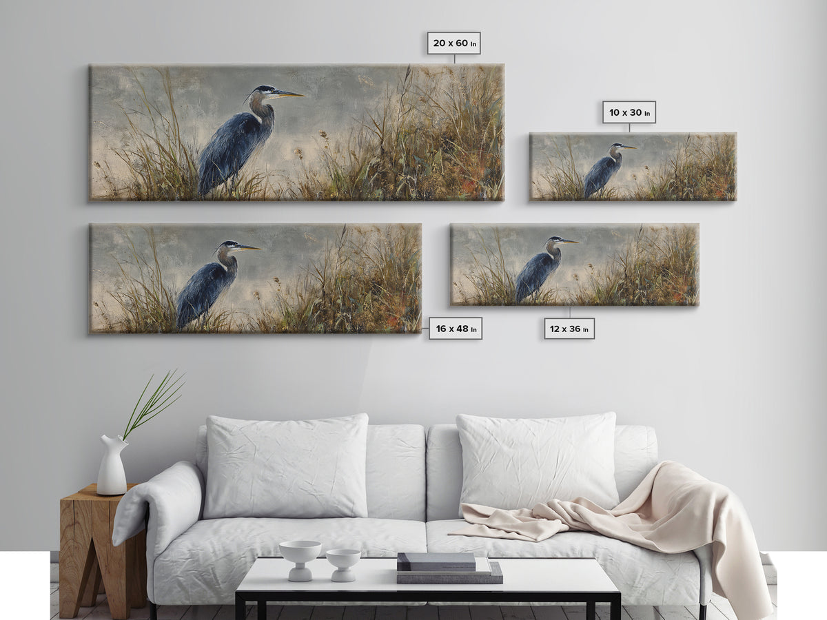 Blue Heron Standing Canvas Print, Animal Art, Original Painting, Living Room Decor, Fine Art, Creature, Boho Wall Art, ANI-3x1-75