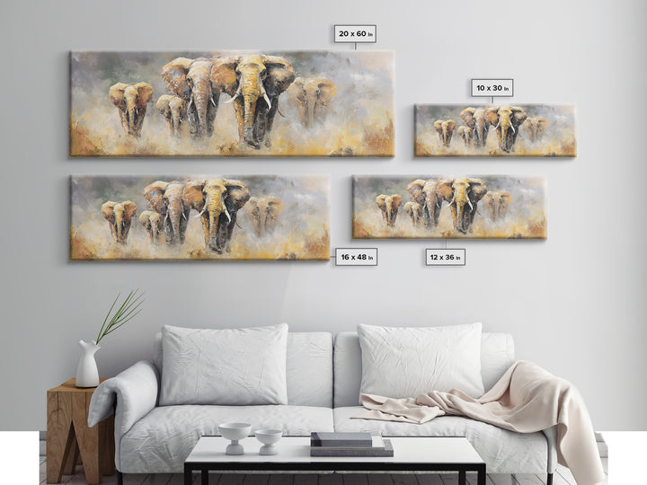 Elephant Family Walking Through Dusty Golden Light Canvas Print, Animal Art, Art, Living Room Decor, Fine Art, Creature, ANI-3x1-78