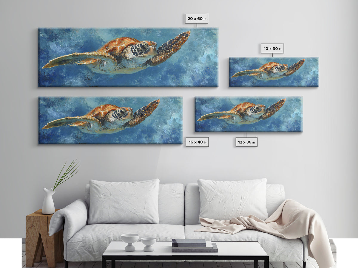 Sea Turtle Drifting Through Luminous Blue Water Framed Canvas Print, Animal Art, Nursery Decor, Living Room Decor, Creature, ANI-3x1-82