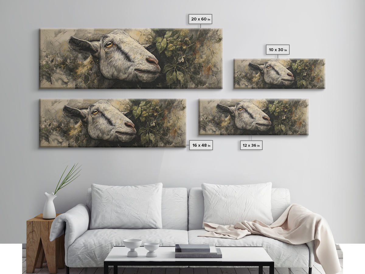 Goat Portrait with Rustic Folk Art Personality Canvas Print, Animal Art, Boho Wall Art, Living Room Decor, Oil Painting, ANI-3x1-85