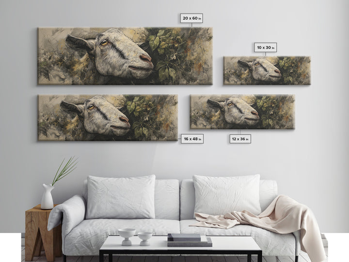 Goat Portrait with Rustic Folk Art Personality Canvas Print, Animal Art, Boho Wall Art, Living Room Decor, Oil Painting, ANI-3x1-85