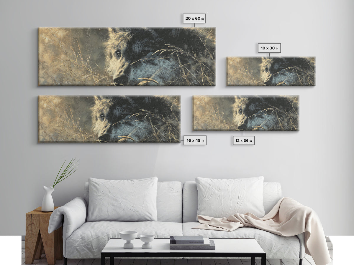 Wolf Silhouette Beneath a Star Filled Sky Canvas Print, Animal Art, Living Room Decor, Watercolor Art, Creature, ANI-3x1-86