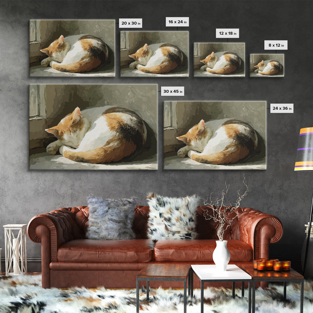 Sleeping Cat Curled Canvas Print, Animal Art, Art Deco, Living Room Decor, Watercolor Art, Creature, Cat Art, ANI-3x2-16