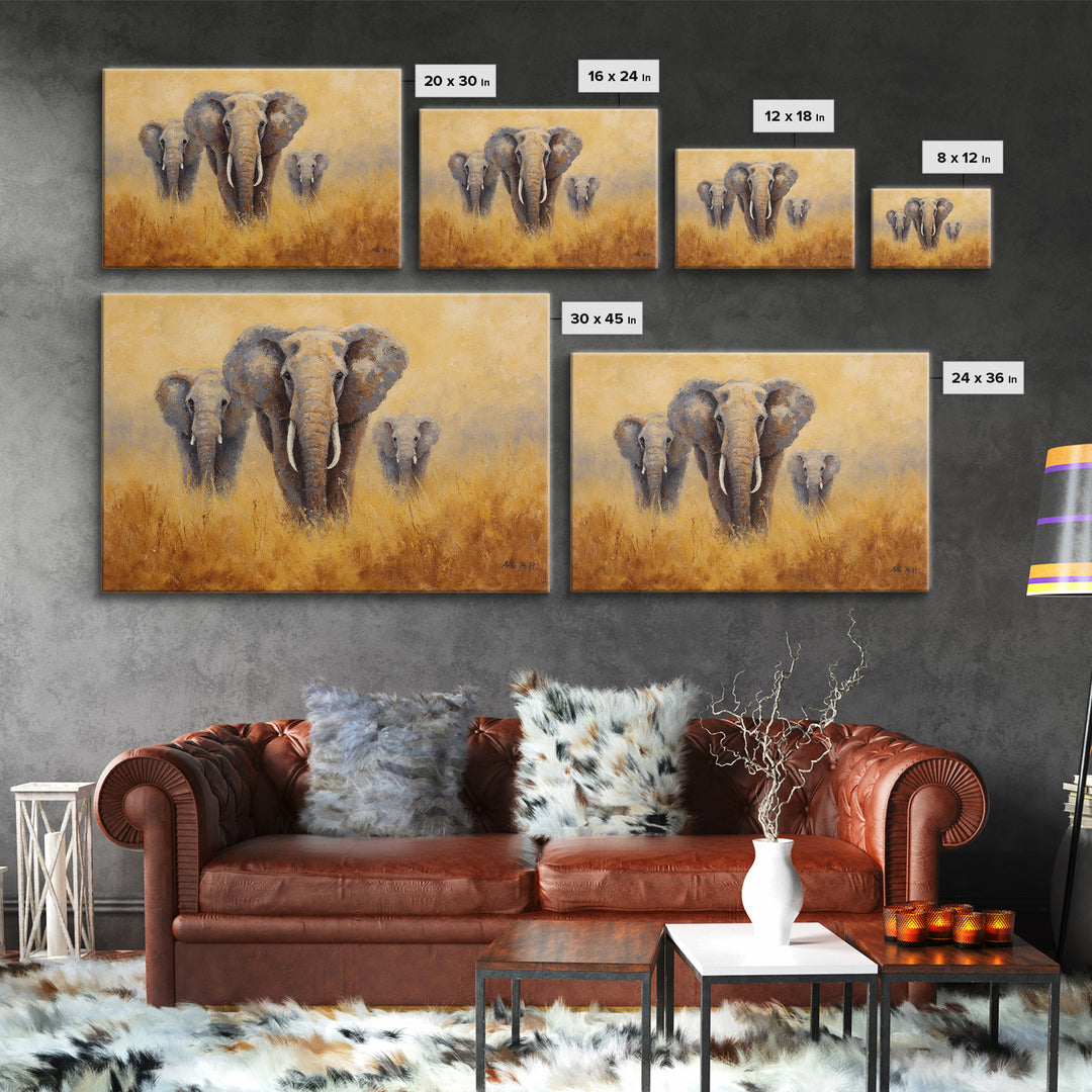 Elephant Family Walking Through Dusty Golden Light Framed Canvas Print, Animal Art, Printable, Living Room Decor, Creature, ANI-3x2-18
