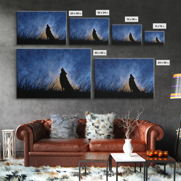Wolf Silhouette Beneath a Star Filled Sky Framed Canvas Print, Animal Art, Decor, Living Room Decor, Fine Art, Creature, ANI-3x2-2