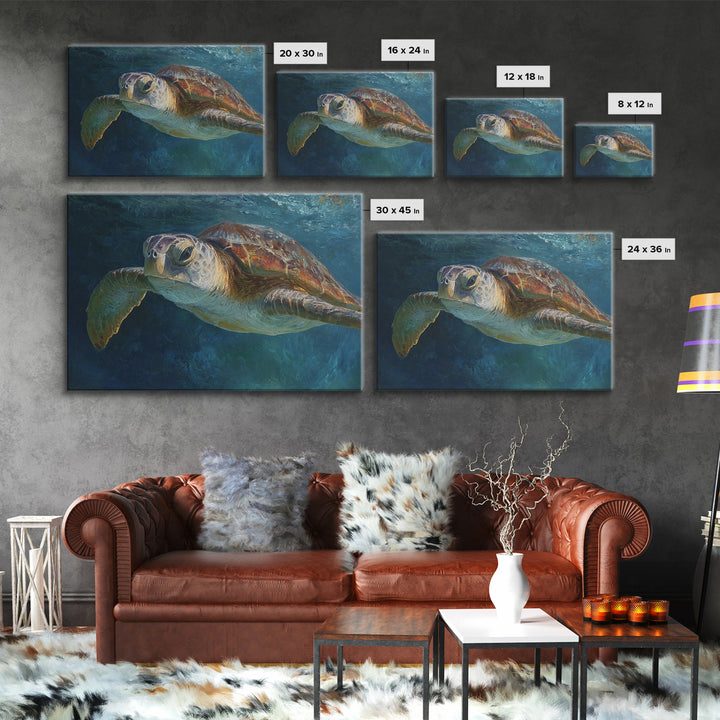 Sea Turtle Drifting Through Luminous Blue Water Canvas Print, Animal Art, Living Room Decor, Oil Painting, Creature, ANI-3x2-22