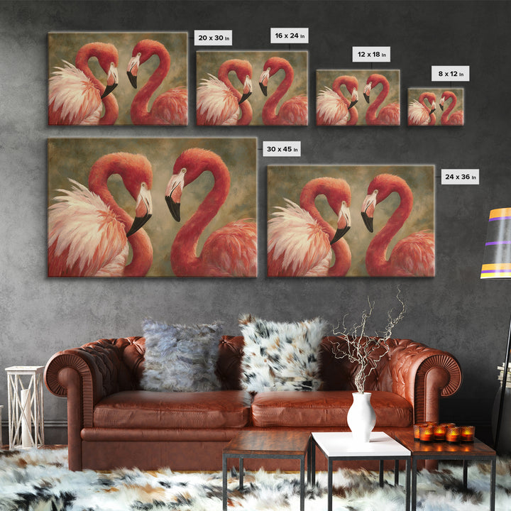 Flamingo Pair in Elegant Coral and Cream Framed Canvas Print, Animal Art, Digital Print, Living Room Decor, Fine Art, Creature, ANI-3x2-23