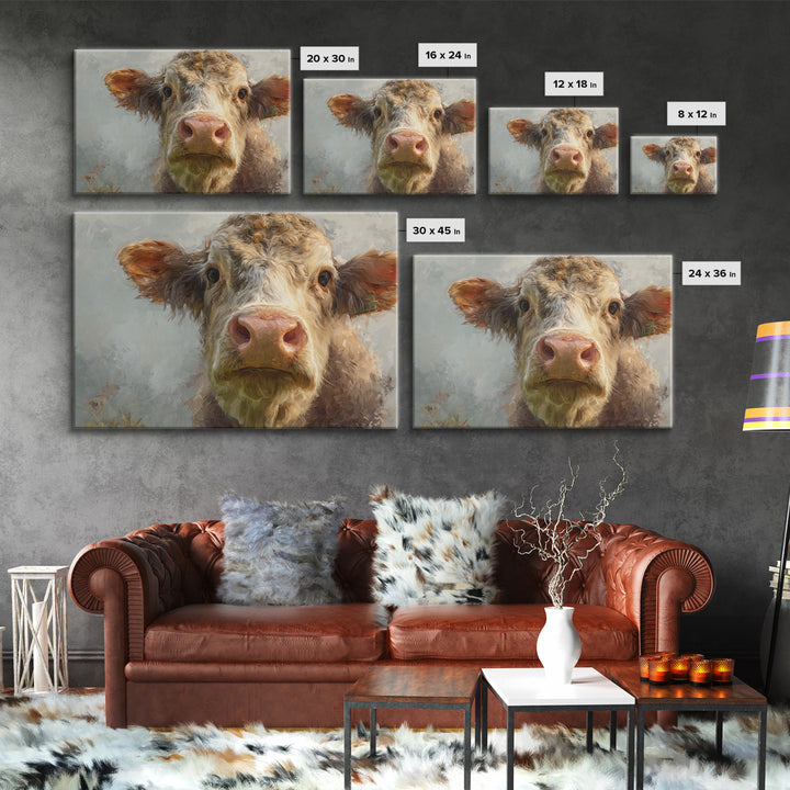 Gentle Cow Portrait Framed Canvas Print, Animal Art, Safari Nursery Decor, Living Room Decor, Oil Painting, Creature, ANI-3x2-35