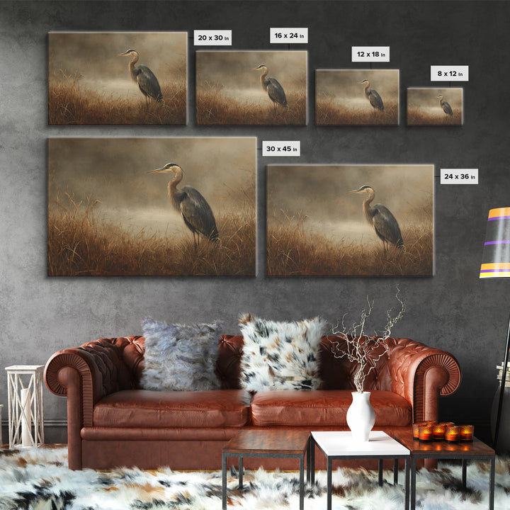 Blue Heron Standing Framed Canvas Print, Animal Art, Neutral Decor, Living Room Decor, Fine Art, Creature, Wall Art, Home Decor, ANI-3x2-39
