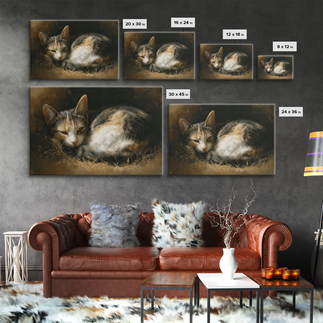 Sleeping Cat Curled Framed Canvas Print, Animal Art, Farmhouse Decor, Living Room Decor, Oil Painting, Creature, Neutral Decor, ANI-3x2-40
