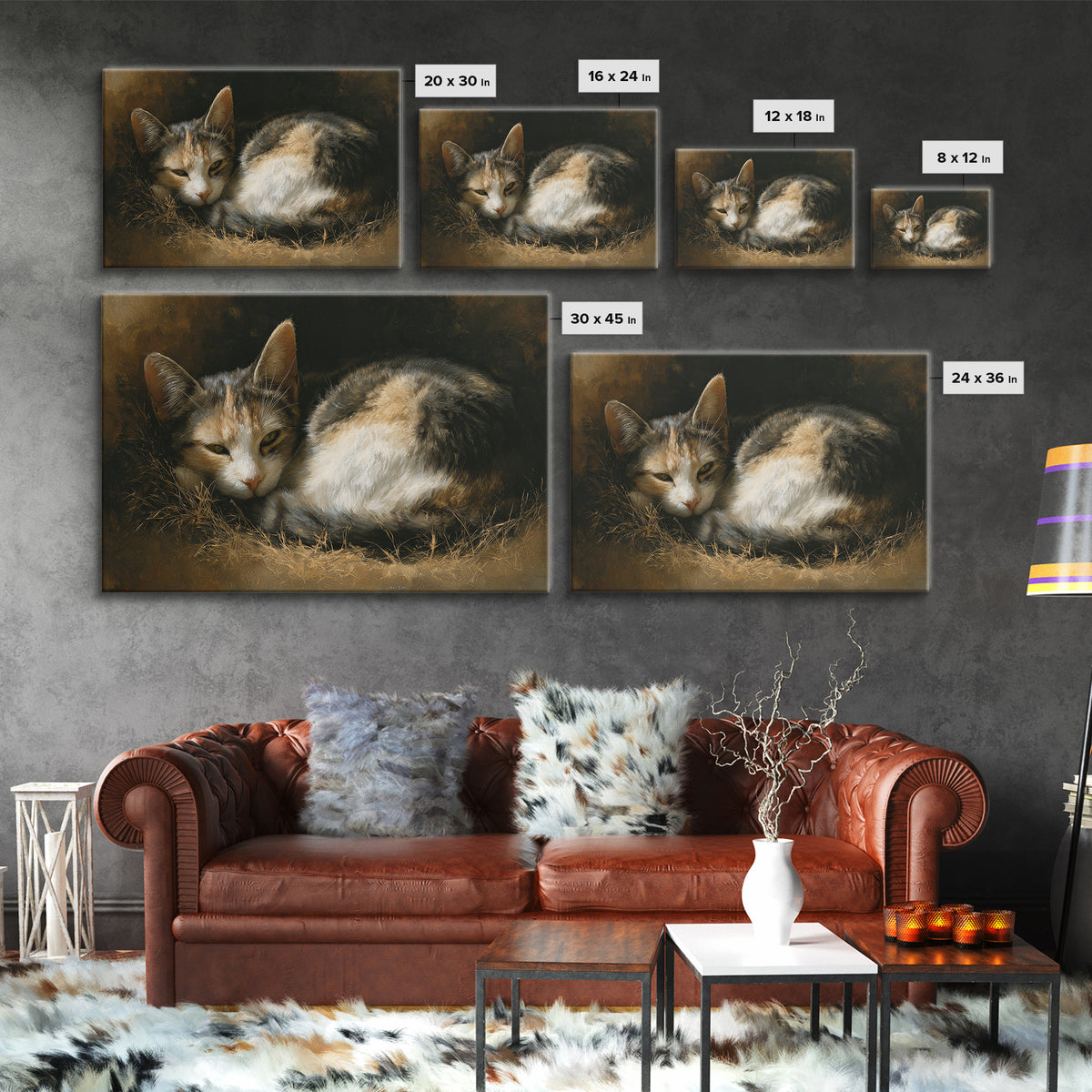 Sleeping Cat Curled Framed Canvas Print, Animal Art, Farmhouse Decor, Living Room Decor, Oil Painting, Creature, Neutral Decor, ANI-3x2-40