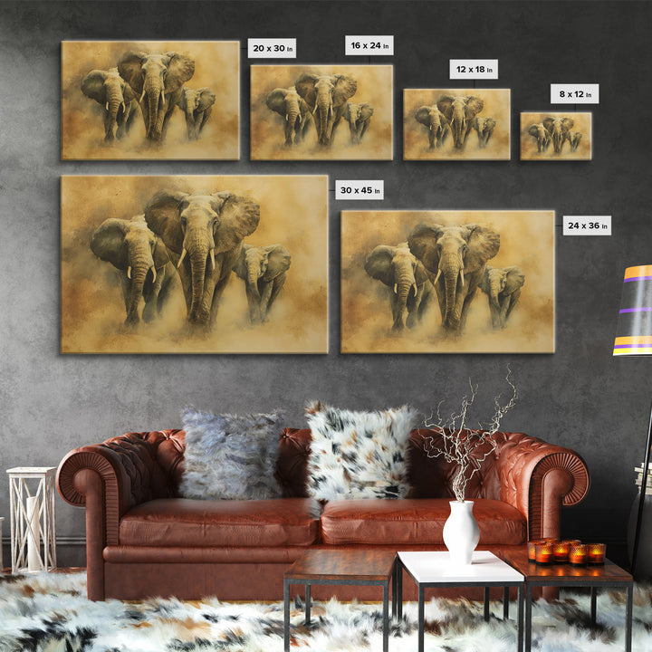 Elephant Family Walking Through Dusty Golden Light Canvas Print, Animal Art, Art Deco, Living Room Decor, Fine Art, Creature, ANI-3x2-42