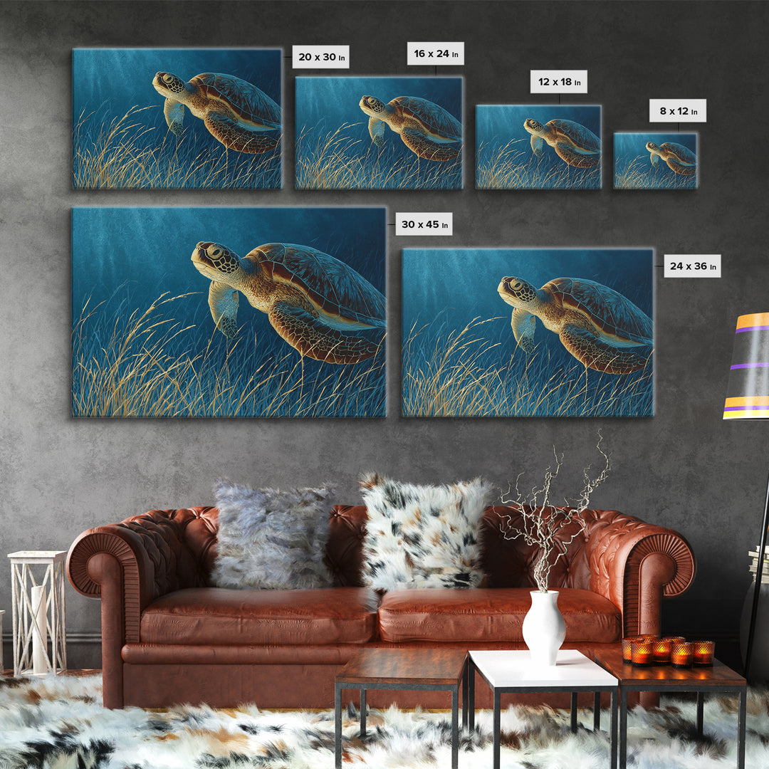 Sea Turtle Drifting Through Luminous Blue Water Framed Canvas Print, Animal Art, Original Art, Living Room Decor, Creature, ANI-3x2-46