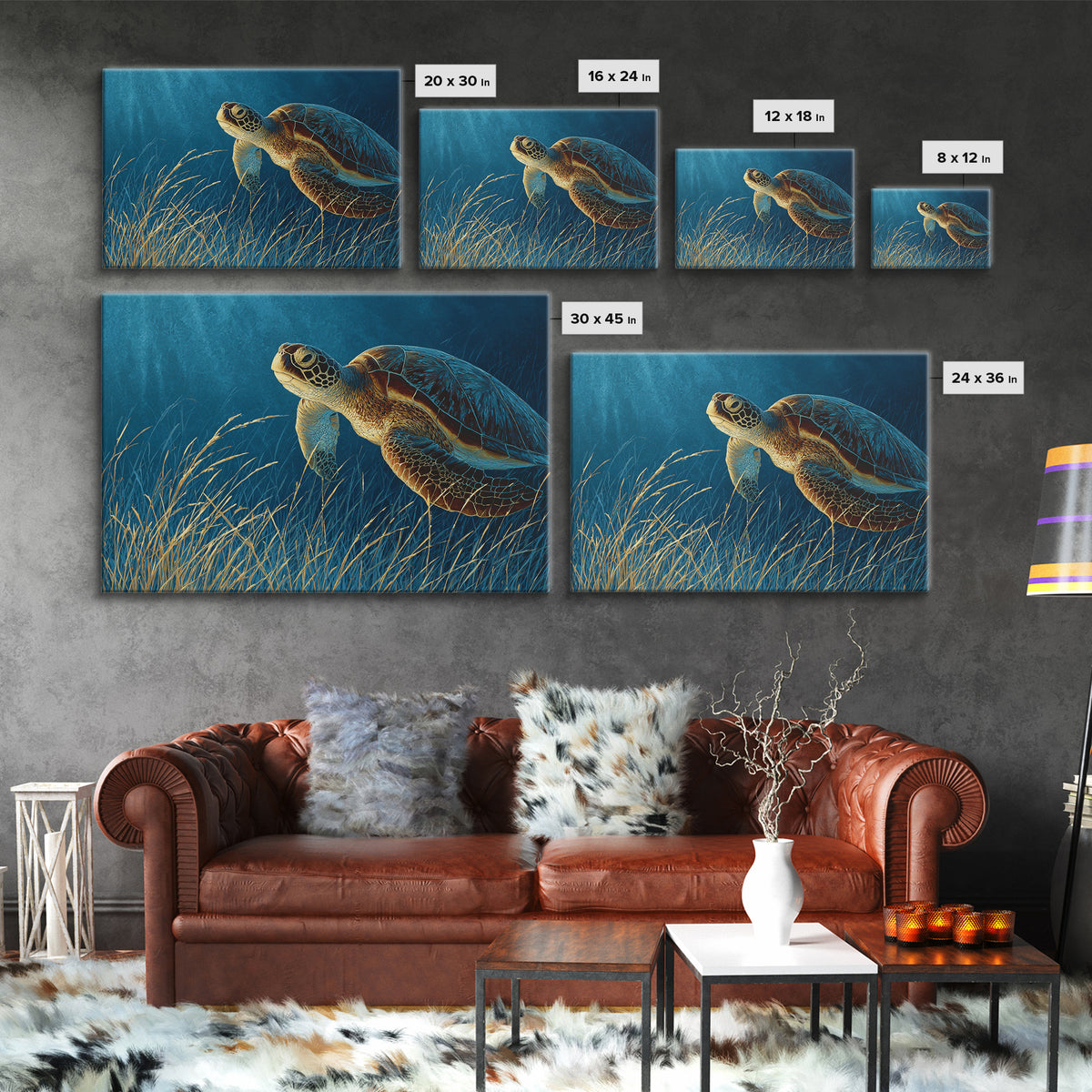 Sea Turtle Drifting Through Luminous Blue Water Framed Canvas Print, Animal Art, Original Art, Living Room Decor, Creature, ANI-3x2-46