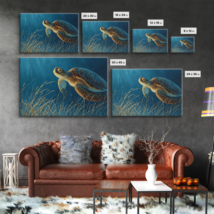 Sea Turtle Drifting Through Luminous Blue Water Framed Canvas Print, Animal Art, Original Art, Living Room Decor, Creature, ANI-3x2-46