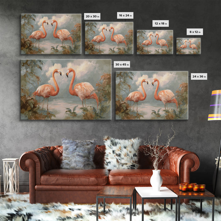 Flamingo Pair in Elegant Coral and Cream Framed Canvas Print, Animal Art, Room Decor, Living Room Decor, Oil Painting, Creature, ANI-3x2-47
