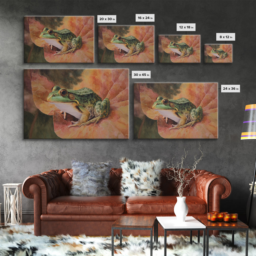 Frog on a Lotus Leaf Canvas Print, Animal Art, Living Room Decor, Fine Art, Creature, Fine Art Print, Statement Artwork, ANI-3x2-48