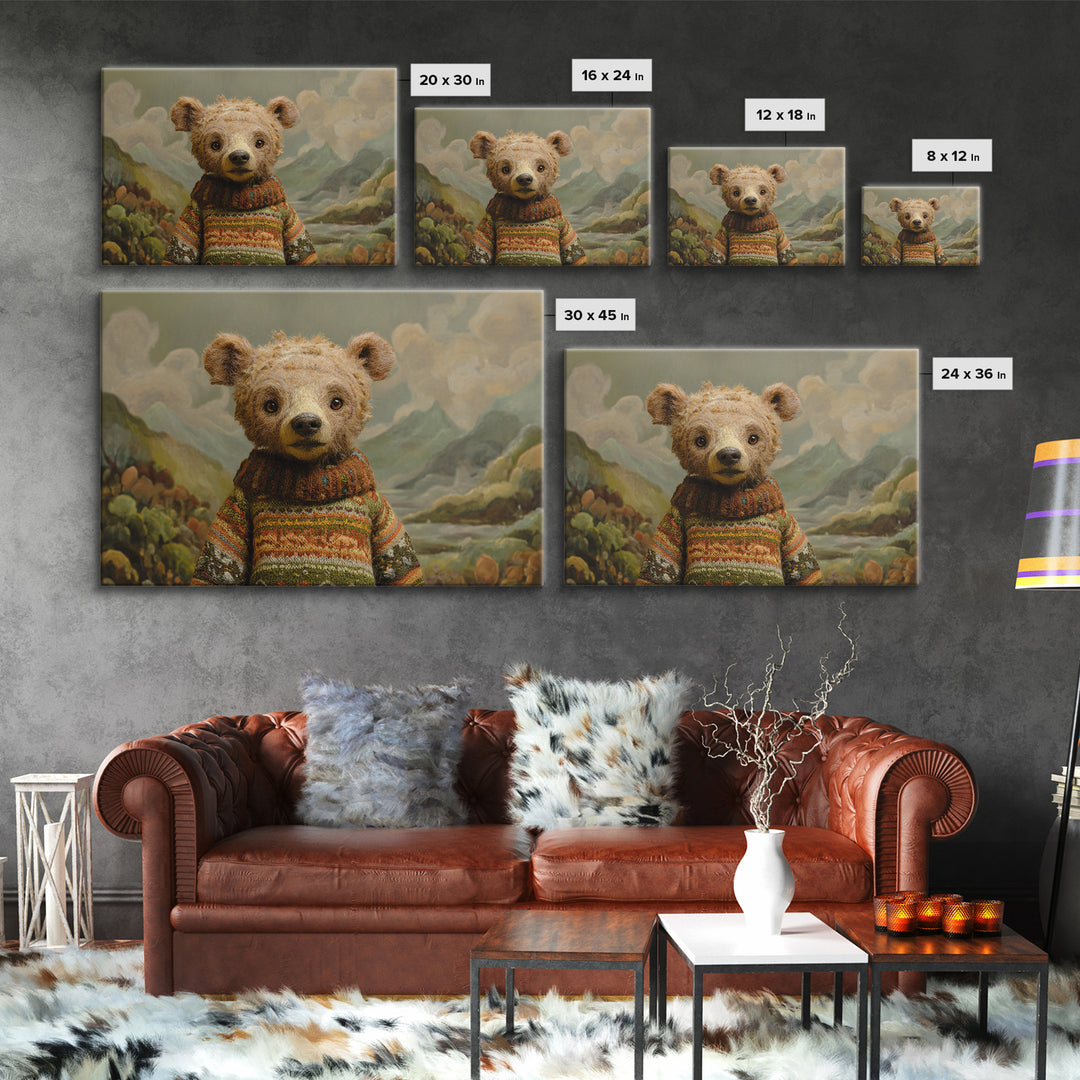 Whimsical Bear in a Patterned Sweater with Canvas Print, Animal Art, Digital Print, Living Room Decor, Fine Art, Creature, ANI-3x2-54